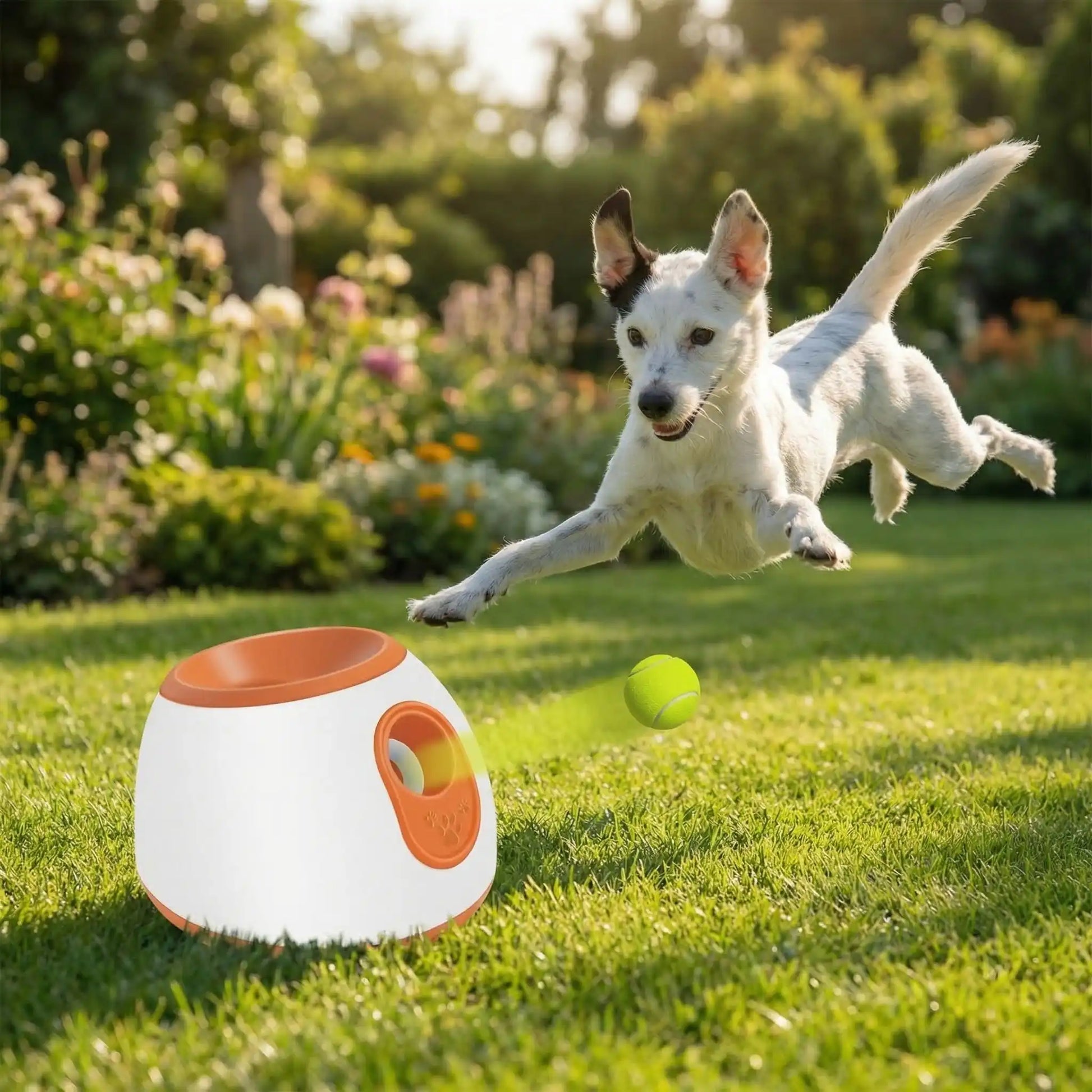 Chien type Jack Russell sautant pour attraper une balle lancée par l'appareil orange.