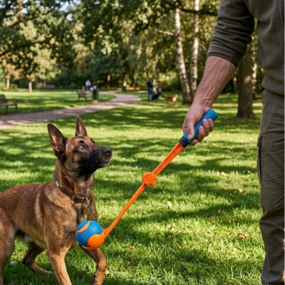 Chien Malinois regardant un lanceur de balle pour chiens tenu par un homme dans l'herbe.
