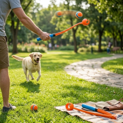 Labrador courant vers un homme utilisant un lanceur de balle pour chiens dans un parc.