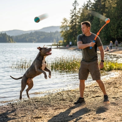Homme lançant une balle à un Pitbull sur une plage avec un lanceur de balle pour chiens.