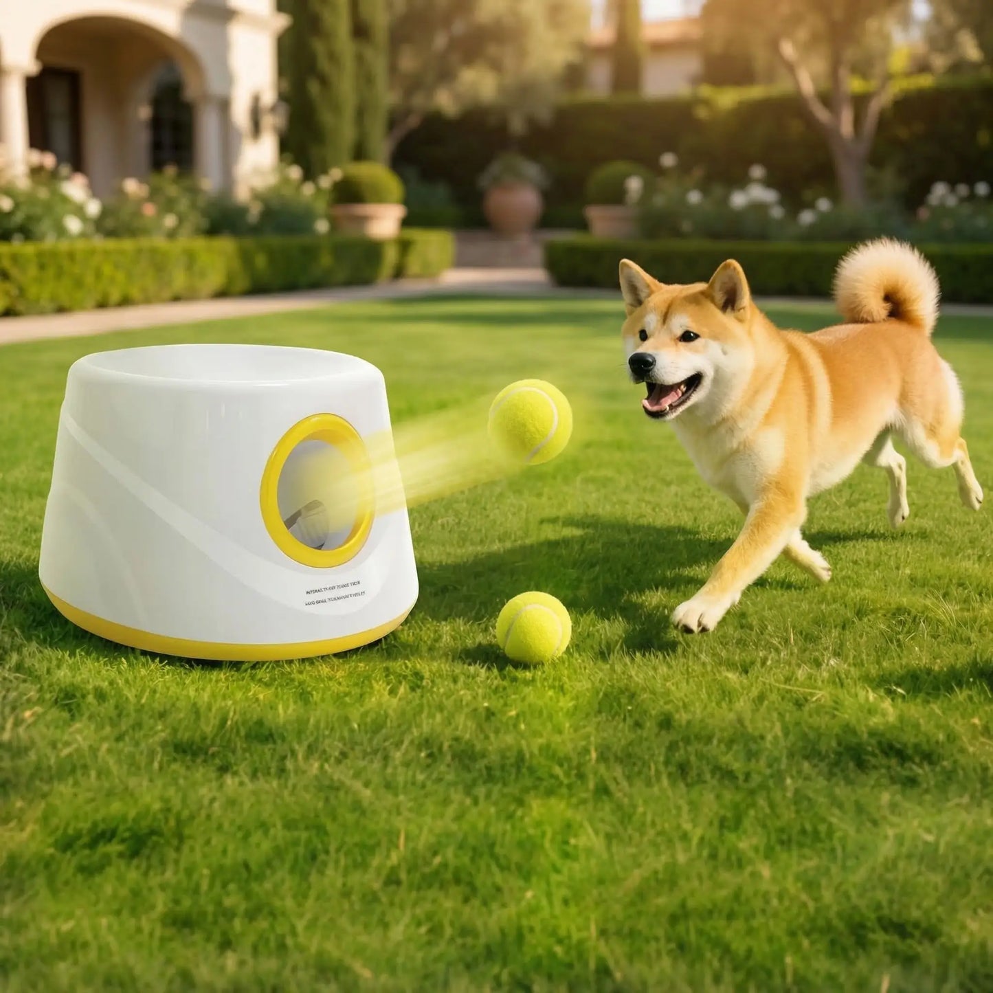Shiba Inu courant après une balle propulsée par le lanceur de balle pour chiens.