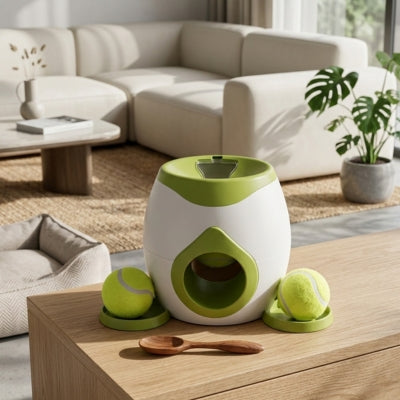 Lanceur de balle pour chiens blanc et vert posé sur un meuble en bois dans un salon moderne.