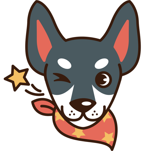 Logo illustré d’une boutique en ligne pour chiens, tête de chien stylisée portant un bandana étoilé