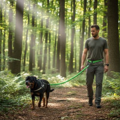 Homme en forêt avec un Rottweiler attaché par une longe chien verte reliée à la ceinture.
