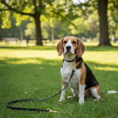 Chien Beagle assis dans un parc attaché à une longe chien fine en cuir noir avec mousqueton doré.