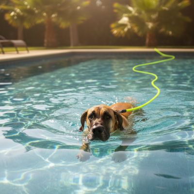 Chien de type Great Dane nageant dans une piscine avec une longe chien jaune fluo.