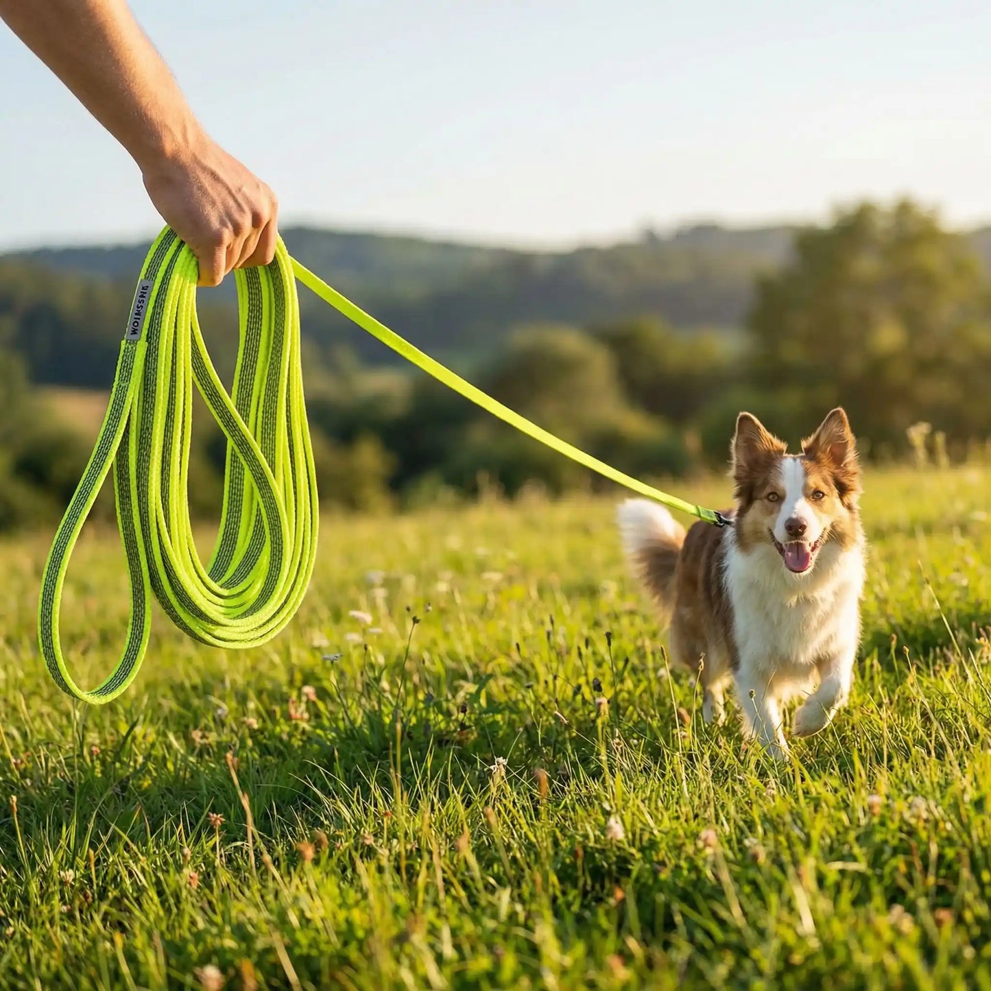 Main tenant une longe chien jaune fluo en plein air avec un Border Collie courant dans l'herbe.