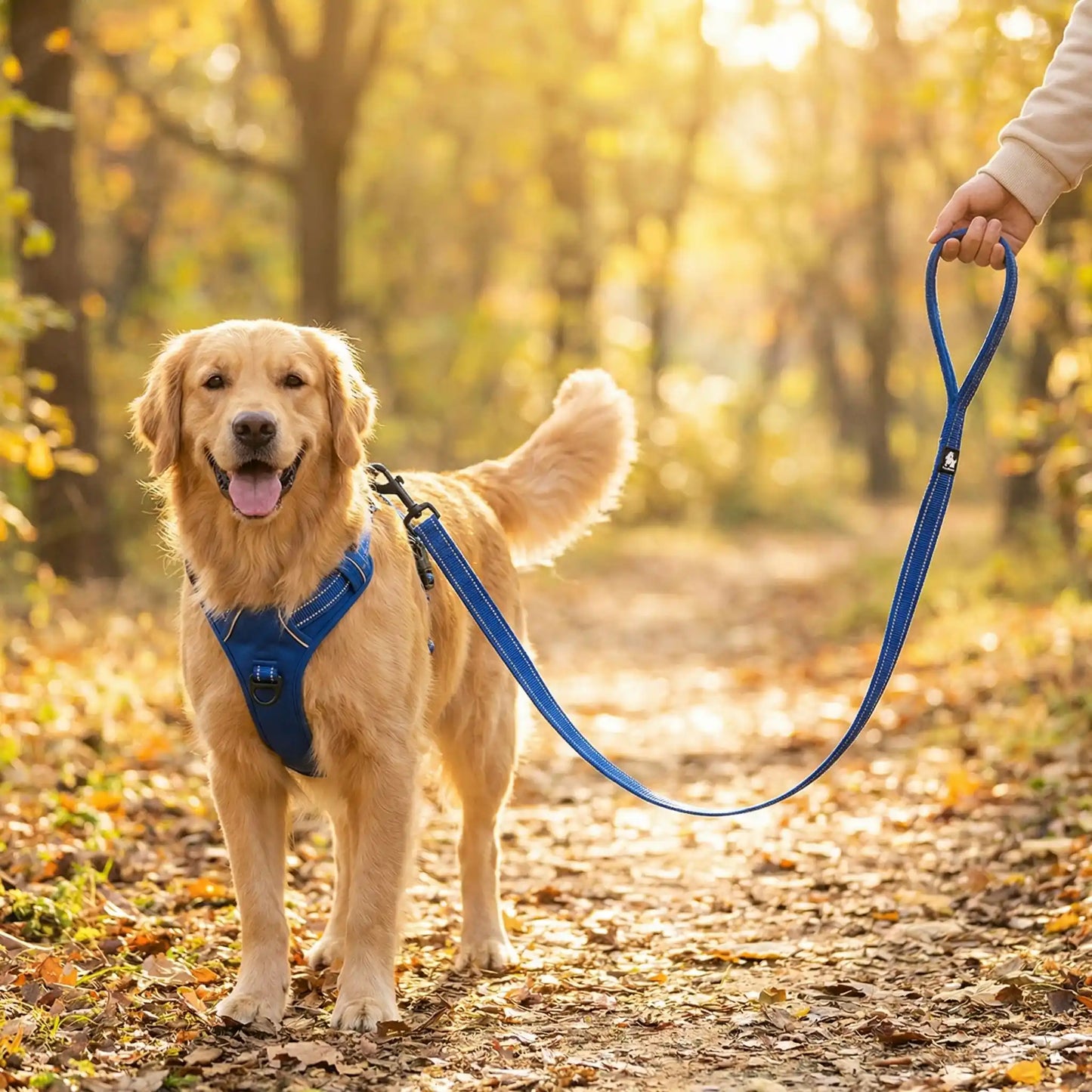 Golden retriever marchant en forêt d’automne avec longe chien bleue, harnais et tenant la laisse