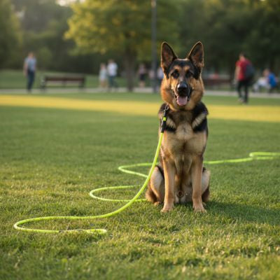 Berger Allemand assis sur l'herbe d'un parc avec une longe chien jaune fluo.