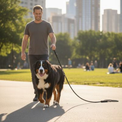 Bouvier Bernois et son maître marchant dans un parc ensoleillé avec une longe chien noire.