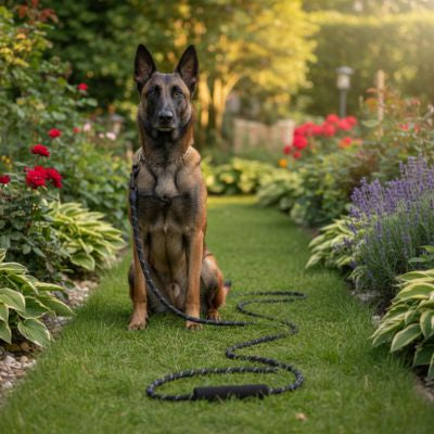 Chien Malinois assis dans un jardin fleuri avec une longe chien noire à coutures réfléchissantes.