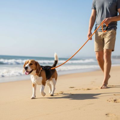 Beagle marchant sur le sable à la plage, tenu par une longe chien orange et une poignée noire.