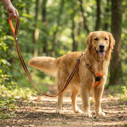 Longe chien orange fluorescente avec harnais assorti pour promenade en forêt.