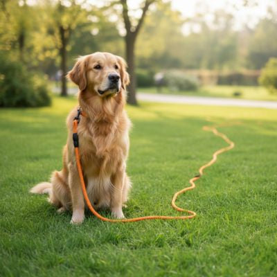 Golden Retriever assis dans l'herbe avec une longe chien orange fluo posée au sol.