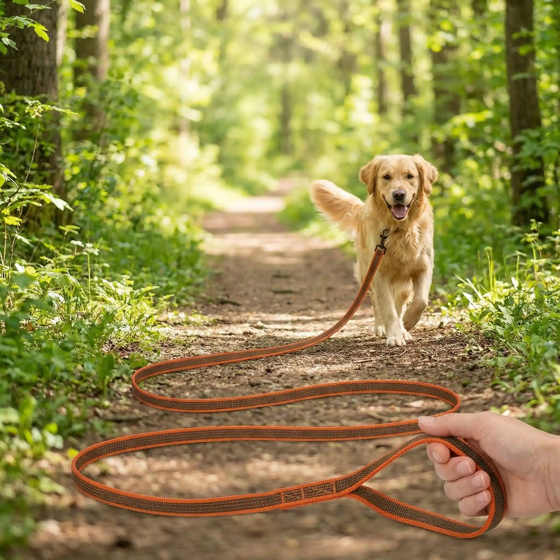 Longe chien orange et marron posée au sol pour l'exercice du rappel avec un chien en forêt.
