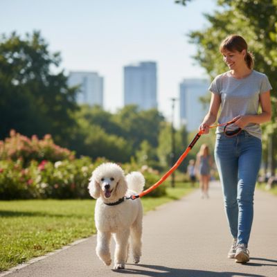 Femme marchant en ville avec un Caniche blanc et une longe chien orange à amortisseur.