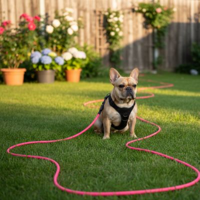 Bouledogue Français avec harnais noir et longe chien rose dans un jardin avec fleurs.