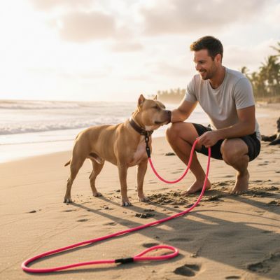 Homme accroupi sur une plage avec son Pitbull tenu par une longe chien rose.