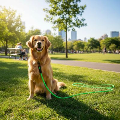 Golden Retriever assis dans un parc herbeux avec une longe chien vert fluo.