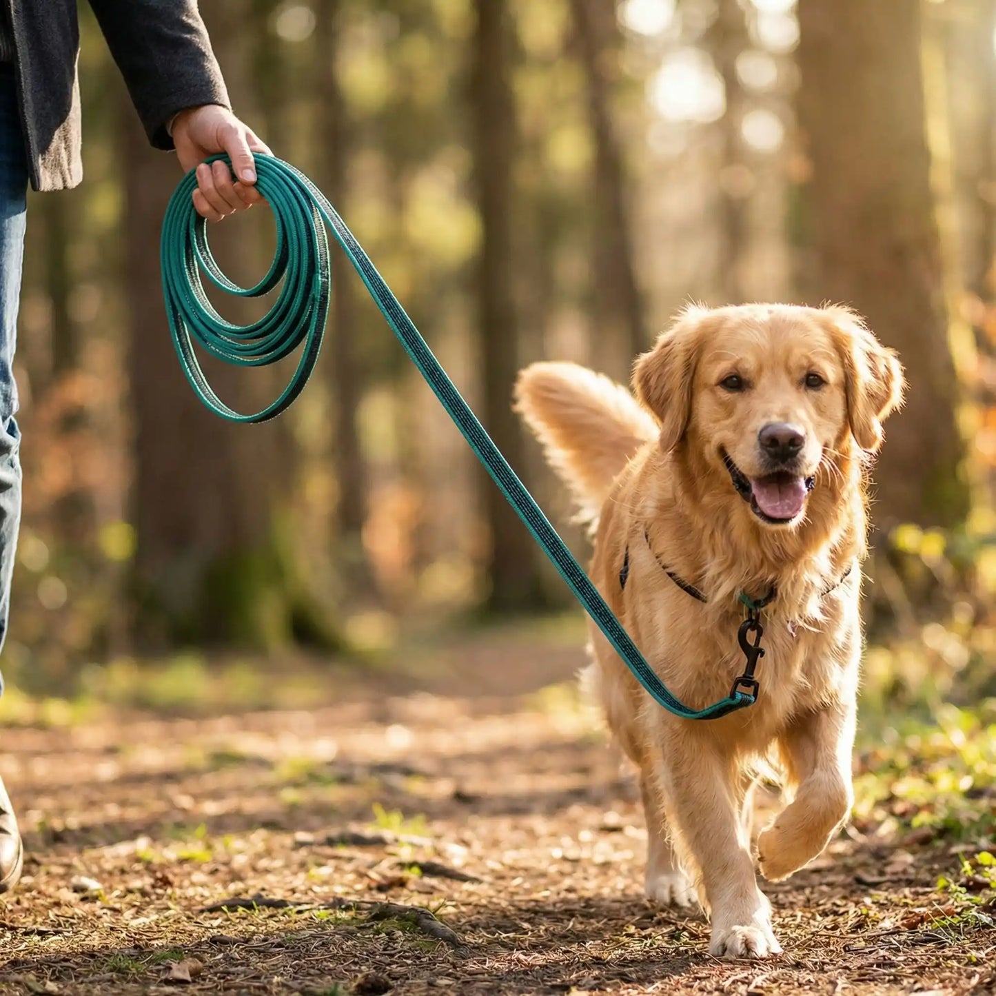 Longe chien verte tenue à la main lors d'une promenade éducative en forêt avec un chien de chasse.
