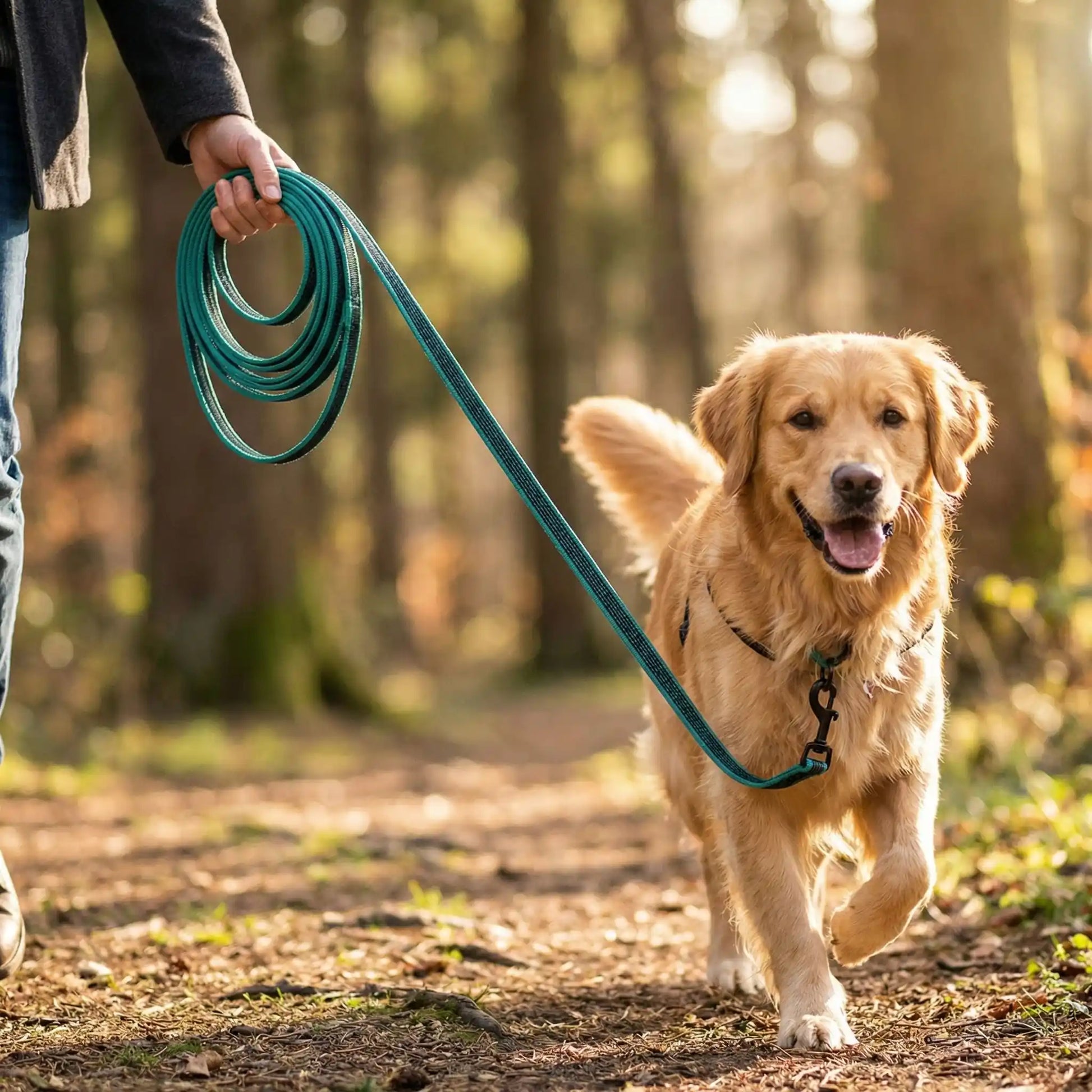 Longe chien verte tenue à la main lors d'une promenade éducative en forêt avec un chien de chasse.