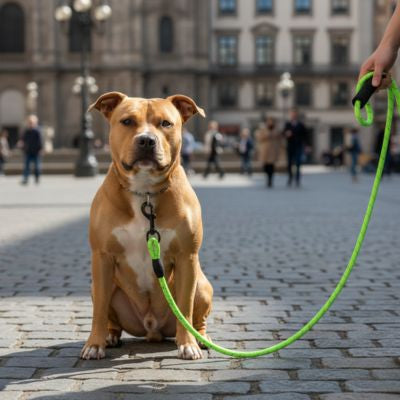 Staffordshire Bull Terrier en ville tenu par une longe chien verte fluo avec poignée noire.