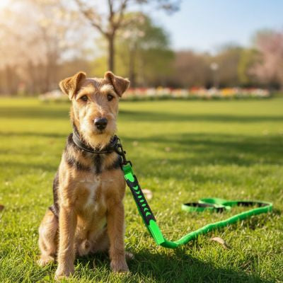 Terrier assis dans l'herbe portant une longe chien verte fluo avec poignée de maintien proche.