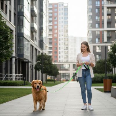 Jeune femme tenant une longe chien verte enroulée pour son Golden Retriever en zone urbaine.
