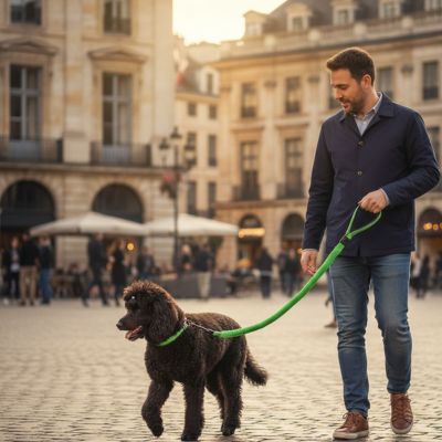 Homme promenant un Caniche marron avec une longe chien verte sur une place pavée.