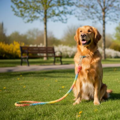 Golden Retriever au soleil avec une longe pour chien aux couleurs dégradées de l'arc-en-ciel.