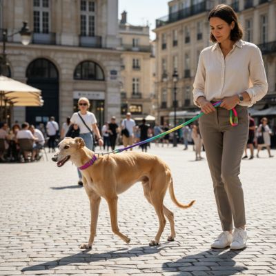 Femme marchant en ville avec un chien Greyhound tenu par une longe pour chien arc-en-ciel.