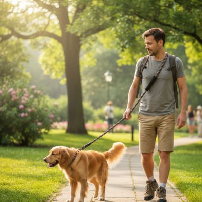 Homme en short marchant sur un sentier avec un Golden Retriever et une longe pour chien marron.