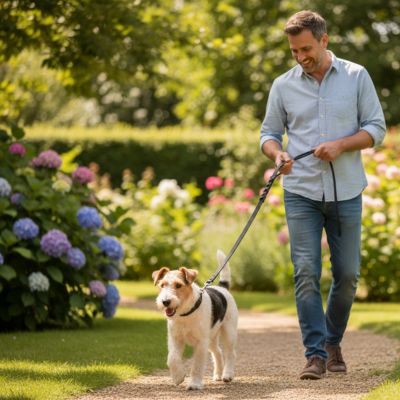 Homme souriant promenant un Fox-terrier à poil dur avec une longe pour chien noire dans un jardin.