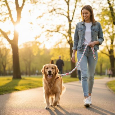 Jeune femme souriante au parc avec son Golden Retriever et une longe pour chien rose et blanche.