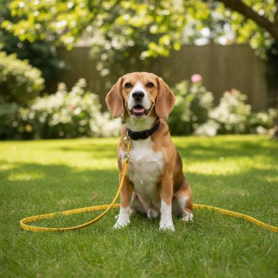 Petit Beagle assis dans l'herbe avec une longe pour chien de couleur jaune vif.