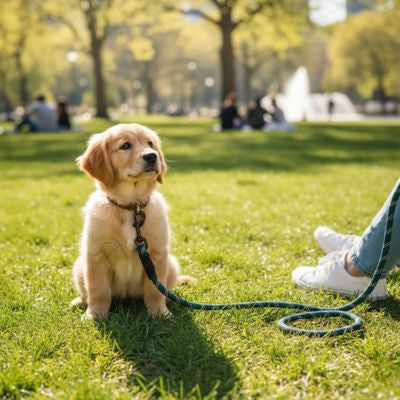 Chiot Golden Retriever de face portant une longe pour chien bleu canard près d'un maître.