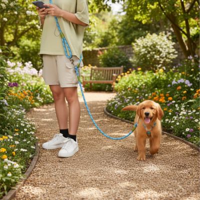 Chiot Golden Retriever en balade sur un sentier avec une longe pour chien bleue et beige.