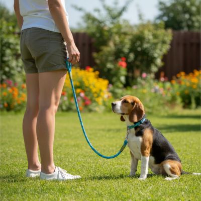 Chien Beagle assis dans l'herbe et tenu en main par une longe pour chien bleue et turquoise.


