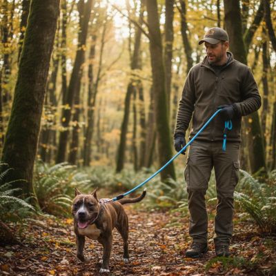 Pitbull en forêt suivant son maître avec une longe pour chien bleue.