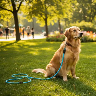 Golden Retriever assis dans l'herbe avec sa longe pour chien bleue.