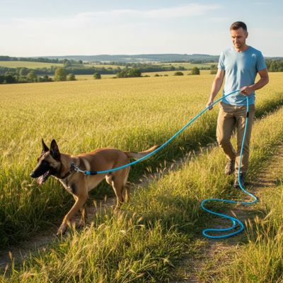 Berger Malinois marchant dans un champ avec une longe pour chien bleue.