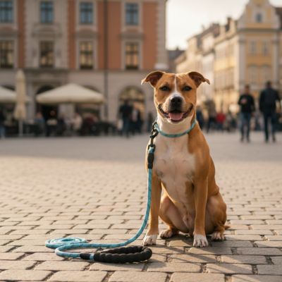 Longe pour chien bleue turquoise avec poignée confort portée par un Pitbull en ville.