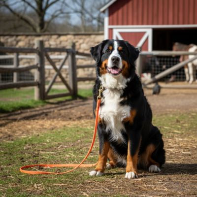 Bouvier Bernois devant une ferme avec une longe pour chien orange fluo bien visible.