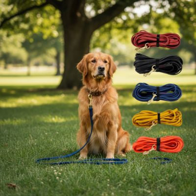 Golden Retriever assis avec une sélection de longes pour chien en bleu, rouge, noir et jaune.