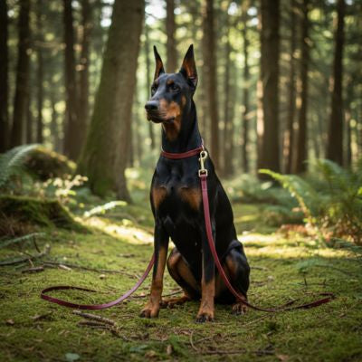 Doberman en forêt portant une longe pour chien robuste de couleur bordeaux.