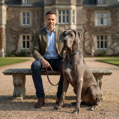 Homme assis sur un banc avec un Dogue Allemand bleu tenant une longe pour chien en cuir marron.