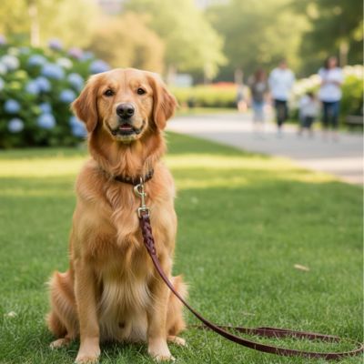 Golden retriever assis dans un parc avec une longe pour chien en cuir marron tressé.