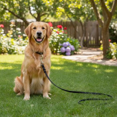 Golden retriever dans un jardin fleuri portant une longe pour chien noire en cuir avec mousqueton.