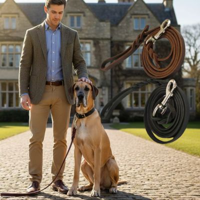 Homme avec Dogue Allemand fauve et visuels de longe pour chien enroulée en cuir marron et noir.