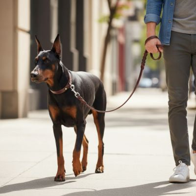 Doberman marchant fièrement sur un trottoir avec une longe pour chien en cuir marron foncé.